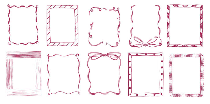 Red Burgundy Coquette Watercolor Vector Frames Set. Vintage Ribbon Wedding Card. Keywords: brush border background, gift banner.