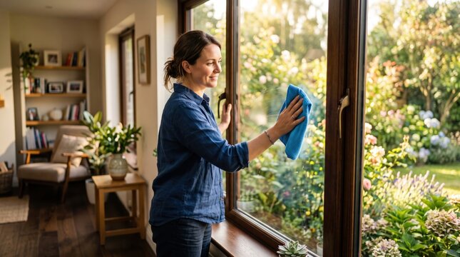 Smiling woman cleans house window with cloth