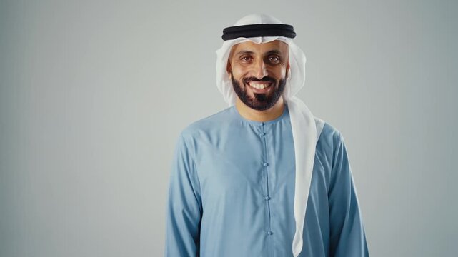 Confident young arab man with a beard wearing traditional clothing, a keffiyeh and agal, looking at the camera and smiling, expressing happiness and success on a gray studio background