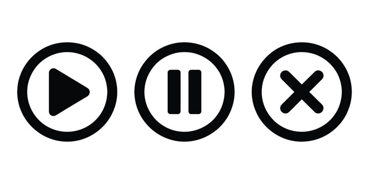 Play pause and stop media control button icons for audio, video, music players, and multimedia interface design