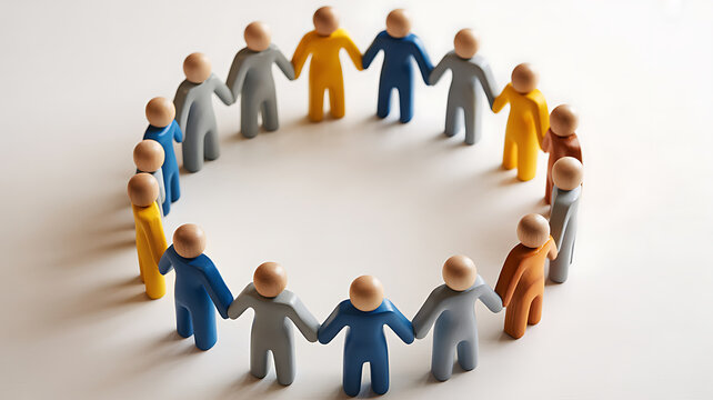 Wooden figurines stand in a circle to represent unity and collaboration.