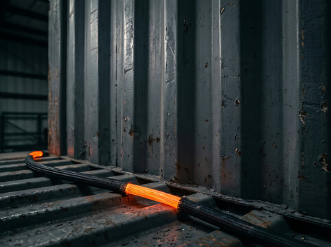 Heated Industrial Cable Glowing Orange on Corrugated Metal Surface