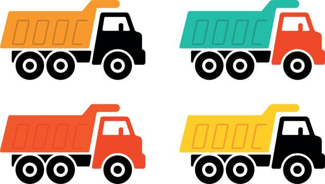 Dump Truck Icon Set with Colorful Heavy Construction Vehicle Vectors for Industrial Mining Site Infrastructure Development and Cargo Transport Logistic Graphic Designs