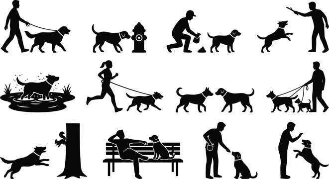 Set of black silhouette depicting people walking, training, playing, and interacting with their pet dogs in various outdoor settings