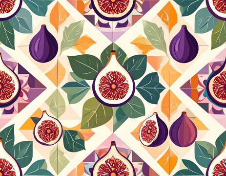Seamless fig leaf pattern for fabric and wallpaper design. Abstract tropical fruit mosaic with geometric shapes and vibrant colors.