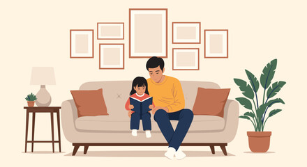 Fototapeta premium Loving father sitting on a sofa and reading a book with his young daughter in a cozy, modern living room with photos on the wall.