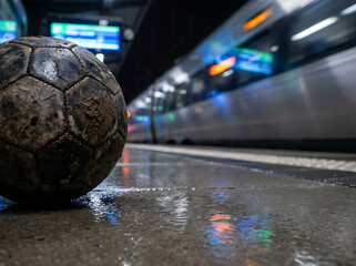 A dirty soccer ball lies on a wet, reflective train platform, lit by the motion blur of an approaching railway car, evoking urban transit and the spirit of the game