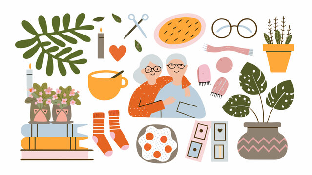 Collection of illustrated home objects including eyeglasses plants and knitted items in a flat vector style apartment autumn