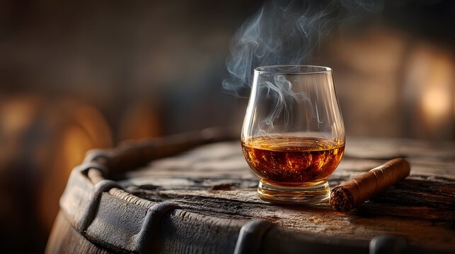 Warm Whiskey Glass with Smoke on Wooden Barrel Surface