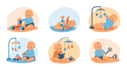 Fototapeta premium Charming collection of adorable babies in various play activities like building blocks, reading, and reaching for mobile toys on a soft background.