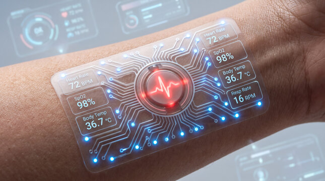Futuristic medical biosensor, transparent, high-definition, wearable on the skin.
