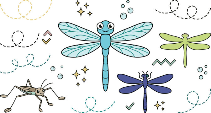 Dragonfly Life Collection Featuring Flying Dragonflies, Water Strider, Flight Trails, Insect Elements, and Cute Nature Vector Illustration Set