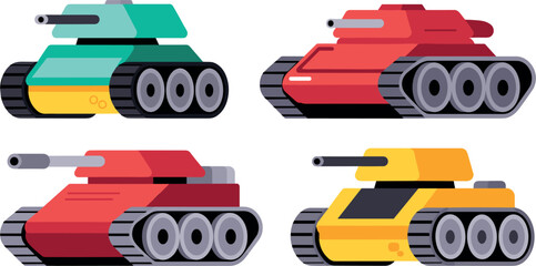 Military Tank Icon Set with Colorful Armored Combat Vehicle Vectors for Videogames Strategy Warfare Simulation Defense Systems and Historical Graphic Designs © SARIFA