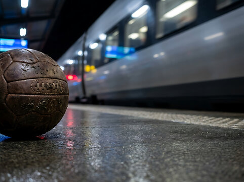 A weathered leather soccer ball rests on a train station platform, an emblem of enduring sport, connecting past games to modern journeys and future destinations