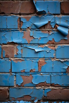 Weathered brick wall with peeling blue paint revealing rustic brown texture underneath