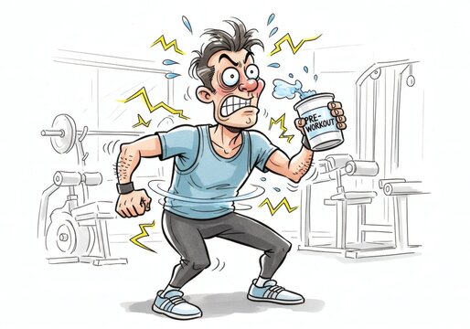 Funny Cartoon Illustration of a Man Feeling Overly Energetic and Jittery After Taking Pre-Workout Supplement in the Gym