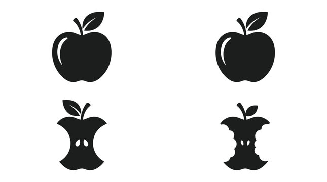 Apple fruit vector icons set showing whole fresh apples and eaten cores in black silhouette style