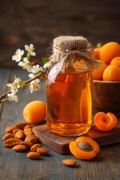 apricot kernel extract on a wooden background. Generative AI