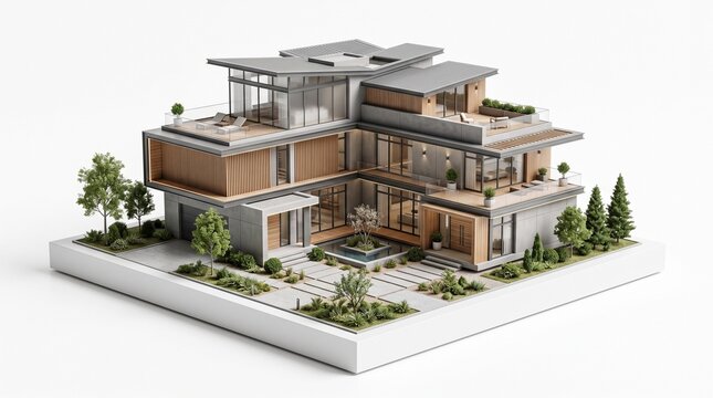 Modern Luxury Villa Architectural Model Isometric 3D Rendering Contemporary House Exterior Design with Patio Garden
