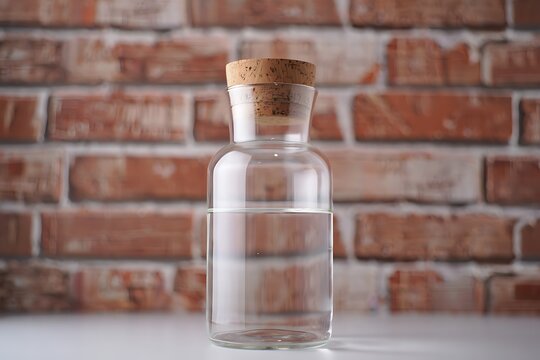Clear water in a glass carafe with a cork stopper against a rustic brick wall