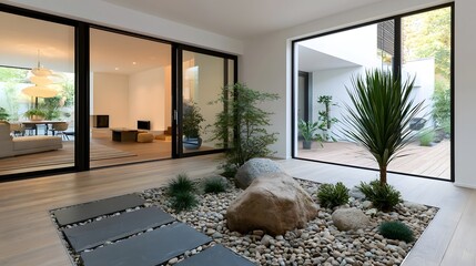 Obraz premium Modern indoor outdoor space with minimalist rock garden large glass doors and natural plants under bright daylight