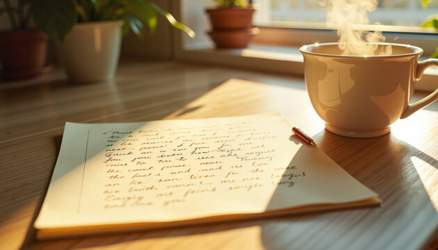 handwritten letter resting on a wooden table next to a steaming cup of coffee with sunlight streaming through the window, concept communication and reflection