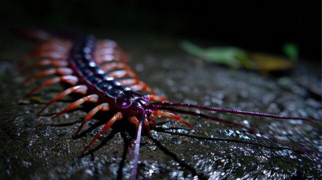 A close-up macro photograph of a vibrant centipede with many segmented legs in motion across a wet, dark surface