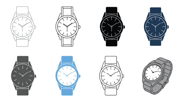 Time piece illustrations set, various wristwatch designs with fashionable accessories and luxury style isolated vector elements