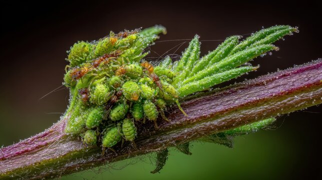 A cluster of green aphids feeding on a wilting plant stem, showcasing a common garden pest infestation in detail.