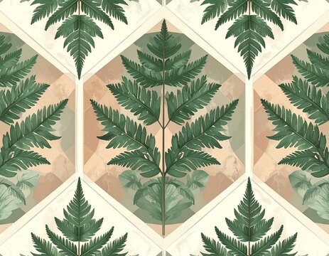 Seamless fern leaf botanical pattern for fabric and wallpaper design. Tropical green foliage texture with symmetrical repeating motif.