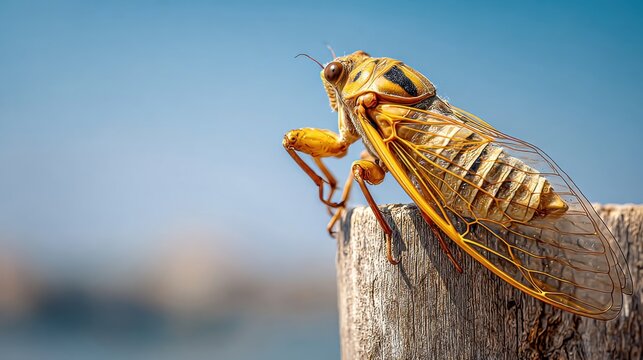 A large, detailed cicada insect with intricate wings and legs perched on weathered wood against a clear blue sky