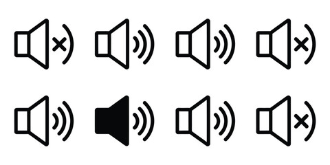 Speaker volume icons featuring mute, sound up, and sound down symbols for user interface design and multimedia applications ©  
