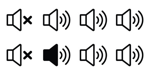 Speaker volume icons featuring mute, sound up, and sound down symbols for user interface design and multimedia applications ©  