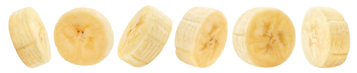 Obraz premium Set of fresh banana slice cross sections from different angles, isolated on transparent cutout background