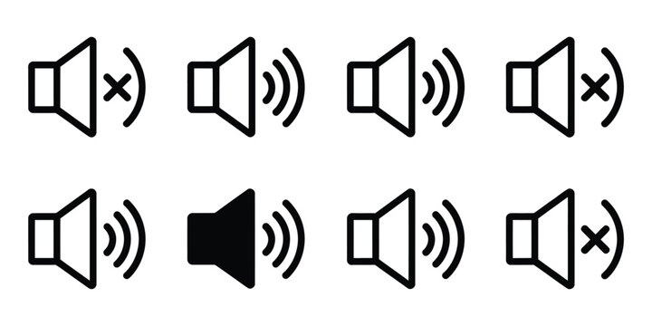 Speaker volume icons featuring mute, sound up, and sound down symbols for user interface design and multimedia applications