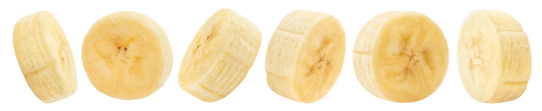 Set of fresh banana slice cross sections from different angles, isolated on transparent cutout background