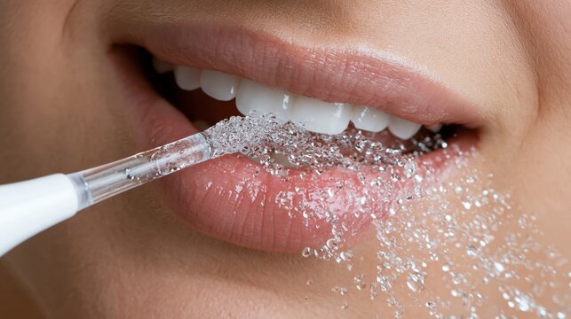 Close-up of a woman gently exfoliating her lips with a toothbrush and sparkling sugar crystals for a smooth pout