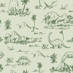 Set of dinosaur illustrations, seamless pattern, prehistoric landscapes, vector sketches © aksol