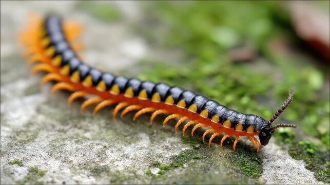 A Striking Macro View of a Segmented Millipede's Numerous Orange Legs Attached to Its Body