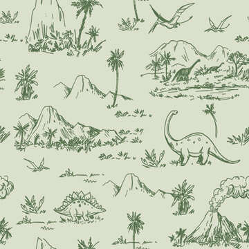 Set of dinosaur illustrations, seamless pattern, prehistoric landscapes, vector sketches