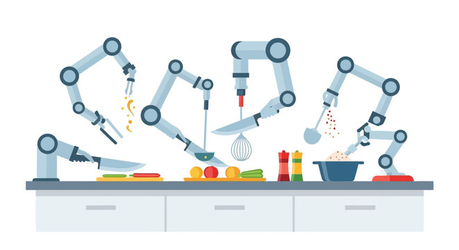 Futuristic Automated Kitchen with Robotic Arms Preparing Food, Chopping Vegetables, and Cooking - Flat Vector Illustration