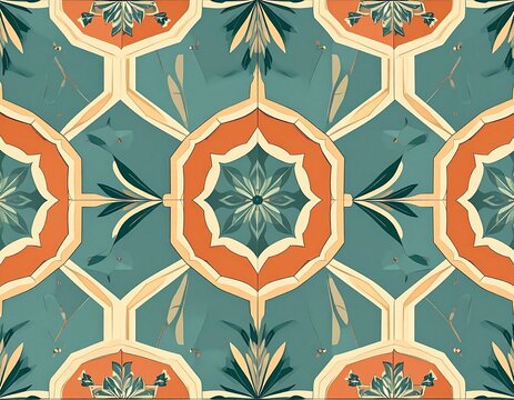 Seamless Mediterranean tile pattern with floral motifs. Vector seamless background of geometric zellige design for decor and textiles.