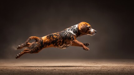 Obraz premium Agile dog with striking patterned coat captured mid-leap, showcasing powerful legs and athletic movement in a studio setting.