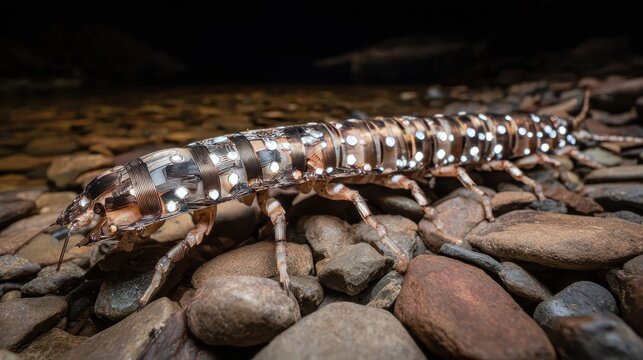 Aquatic caddisfly larva constructed case of pebbles and stone on riverbed