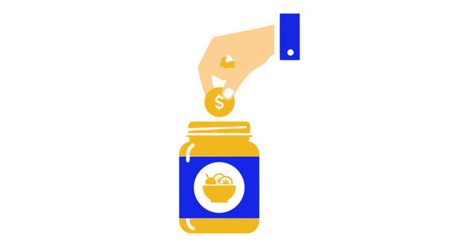 Businessman Hand Putting Gold Coin into Food Savings Jar - Healthy Eating Investment Concept Illustration