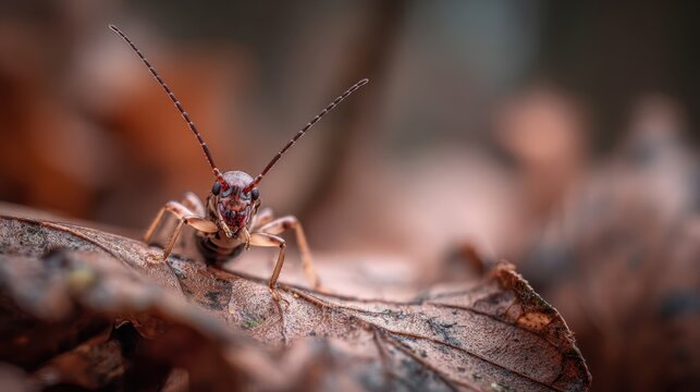 Close up of an earwig with sensitive antennae extended exploring a dry leaf on the forest floor