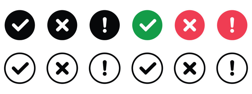 Status icon set with check mark cross and exclamation symbols for success error warning notification interface design