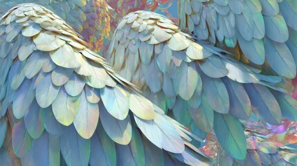 Obraz premium Close-up macro view of iridescent butterfly wing scales displaying a spectrum of shimmering colors and intricate texture.