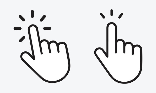 Clicking finger icon, hand cursor with glowing effect, representing a tap or touch gesture, suitable for web design and user interface elements, isolated on light gray background.