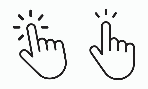 Clicking finger icon, hand cursor with glowing effect, representing a tap or touch gesture, suitable for web design and user interface elements, isolated on white background.